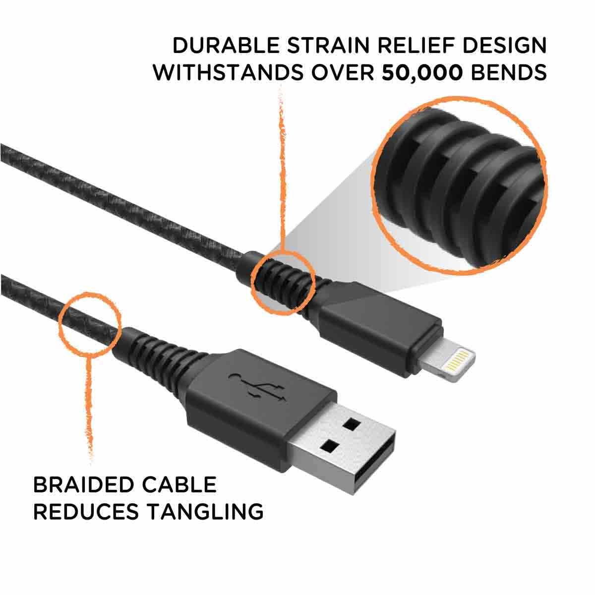 EcoSurvivor 4ft. USB-A to Lightning Charging Cable with Braided Cord, Black/Gray