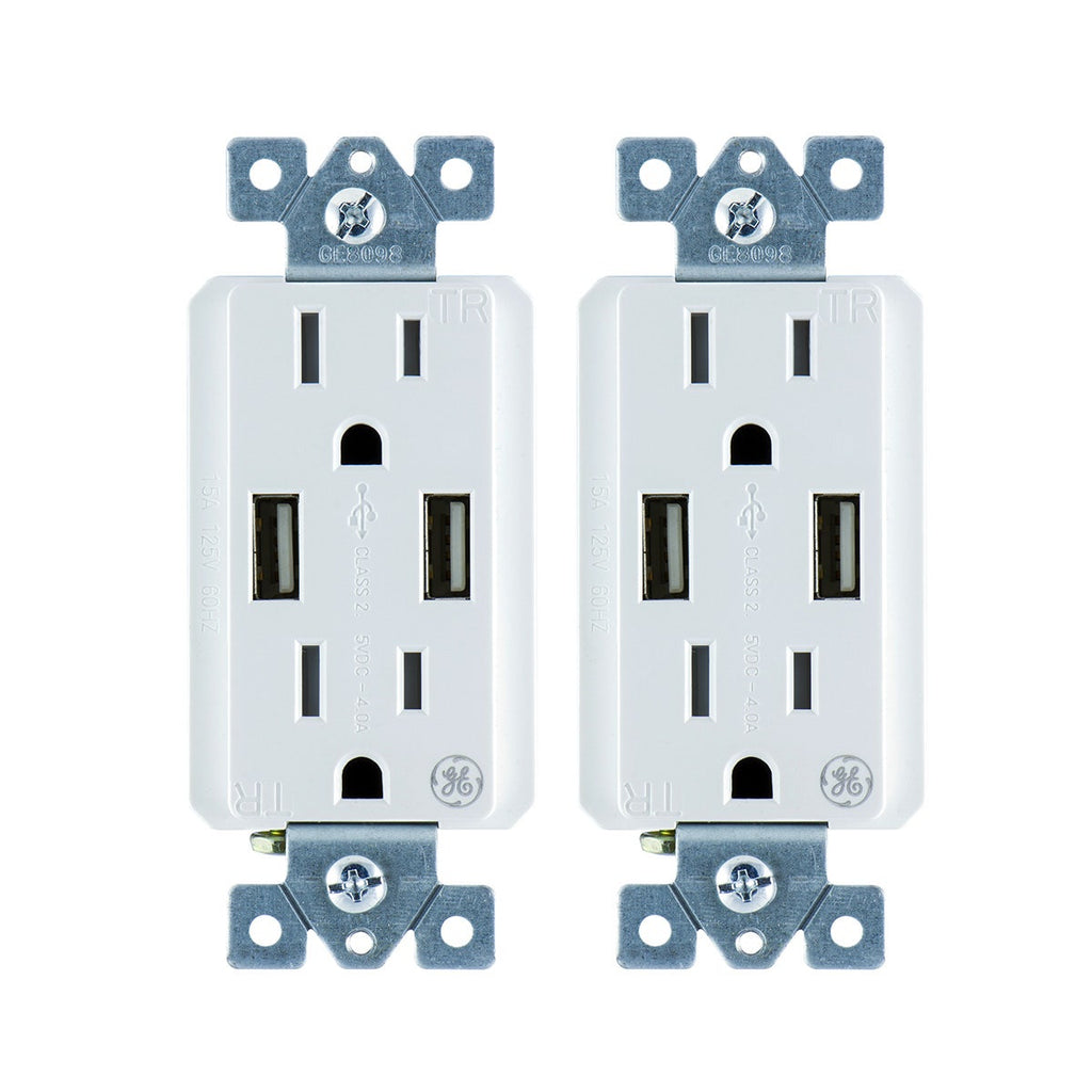 GE UltraPro 2-Outlet 2-USB Charging Tamper Resistant Receptacle, 2 Pack, White