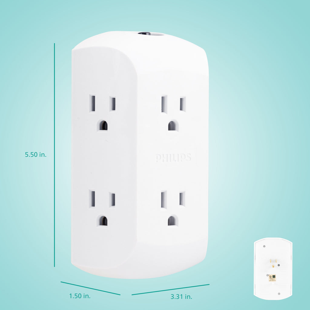 Philips 6-Outlet Wall Tap with Resettable Circuit Breaker, White