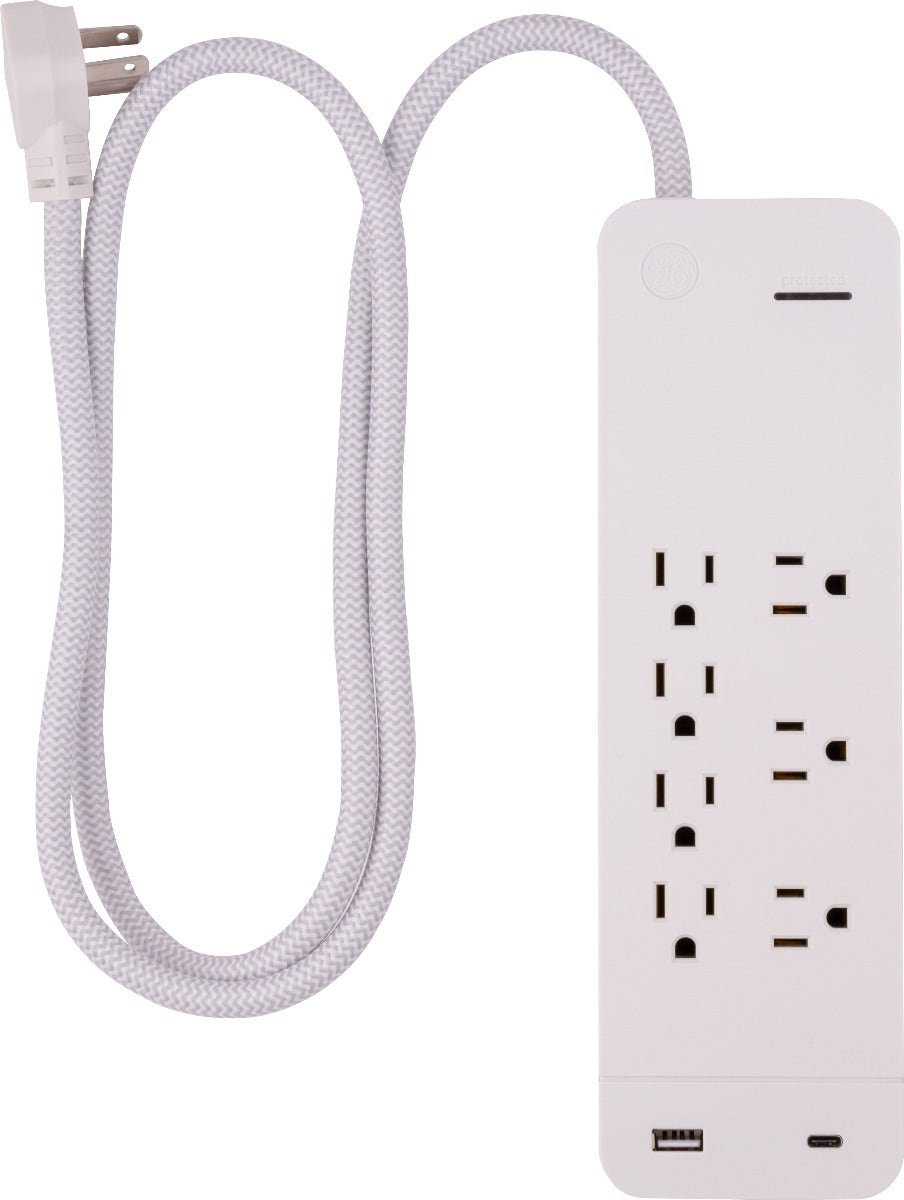 GE 7-Outlet 2-USB 4ft. Surge Protector with USB-C and Braided Cord, White