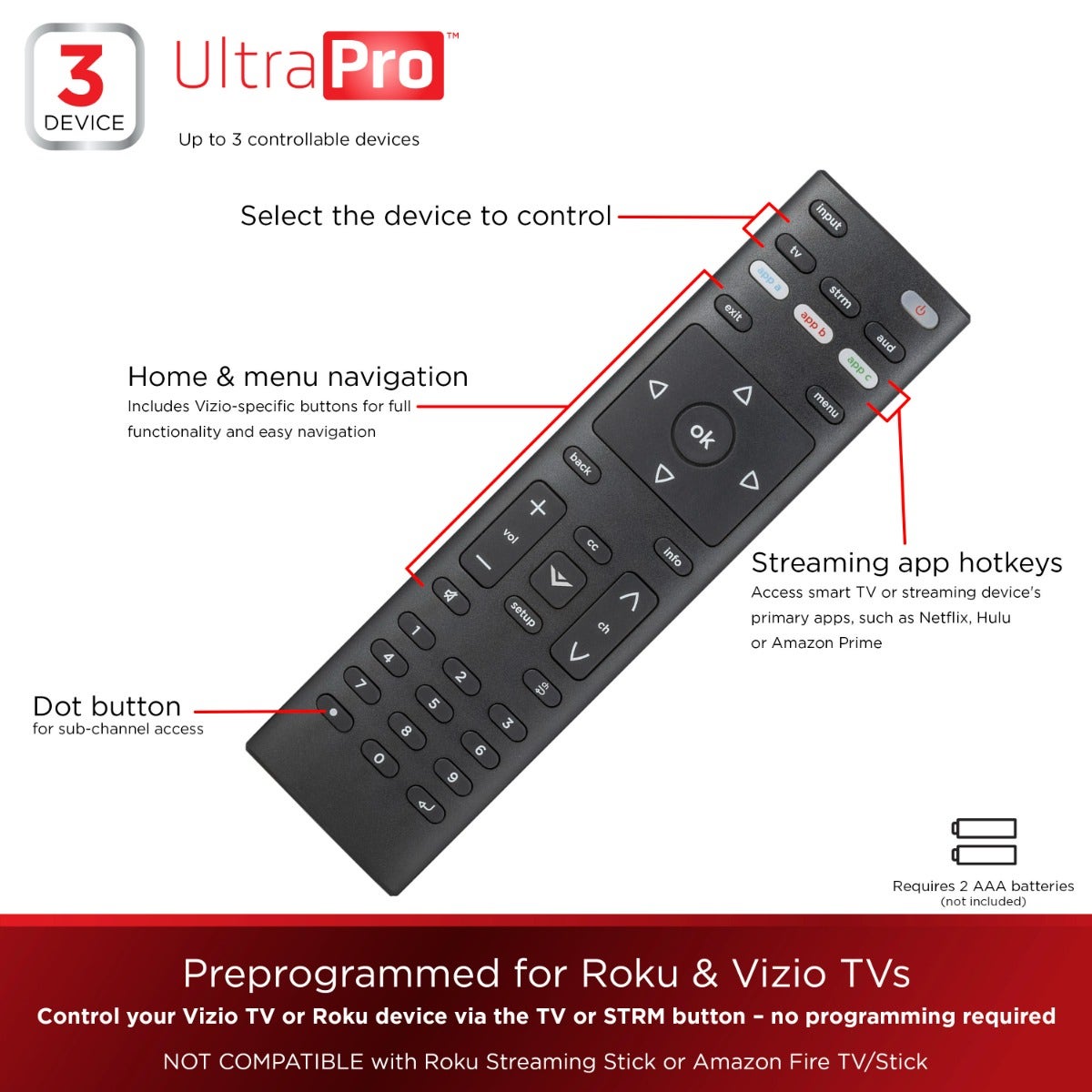 UltraPro 3-Device Universal Vizio Replacement Remote, Black