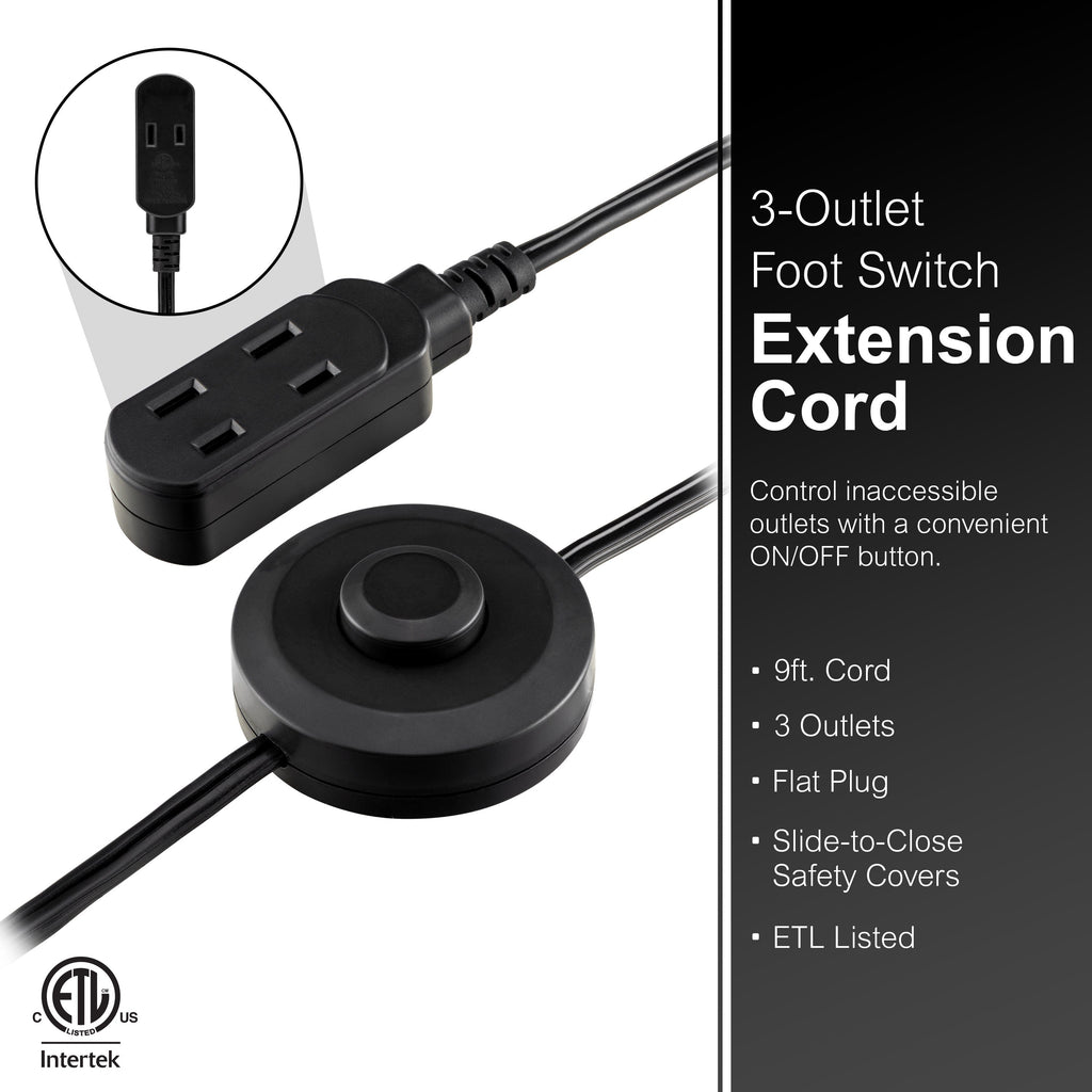 GE 3-Outlet 9ft. Extension Cord with Footswitch, Black