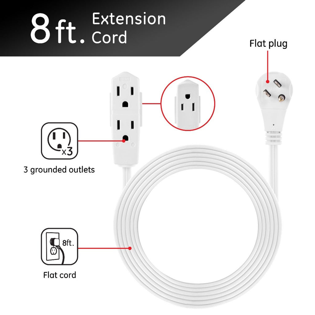 GE 3-Outlet 8ft. Extension Cord with Right-Angle Plug, 2 Pack, White