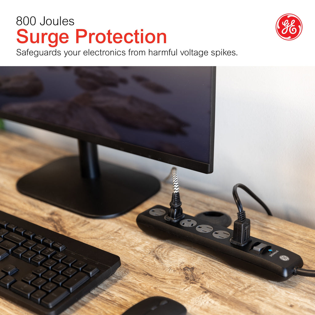 GE 6-Outlet 6ft. Surge Protector with Twist-to-Close Safety Outlets, Black