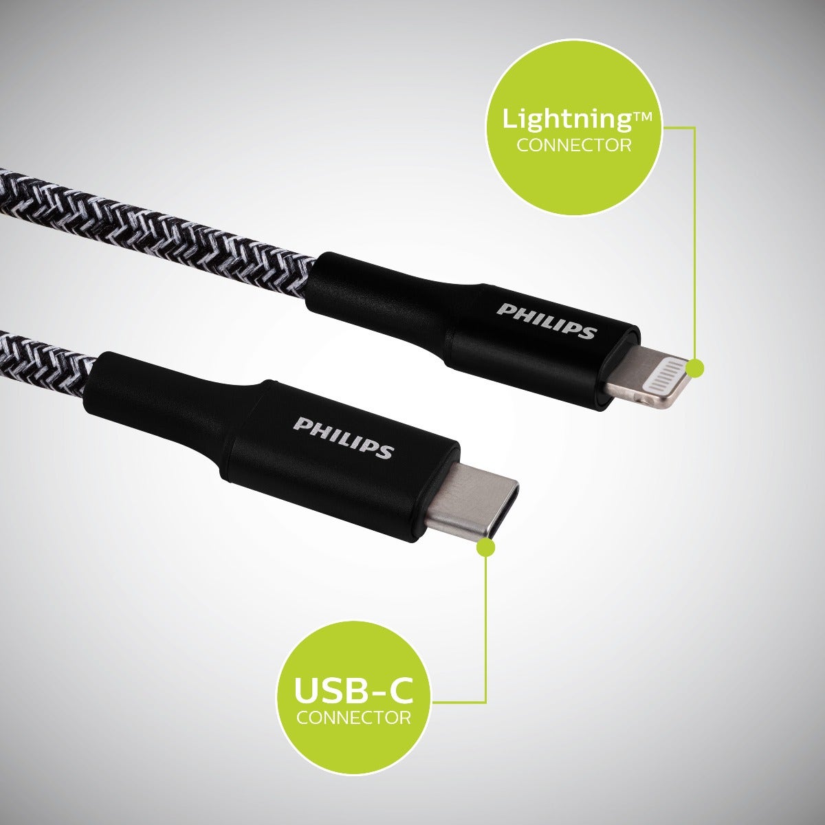 Philips 6in. USB-C to Lightning Charging Cable with Braided Cord, Black