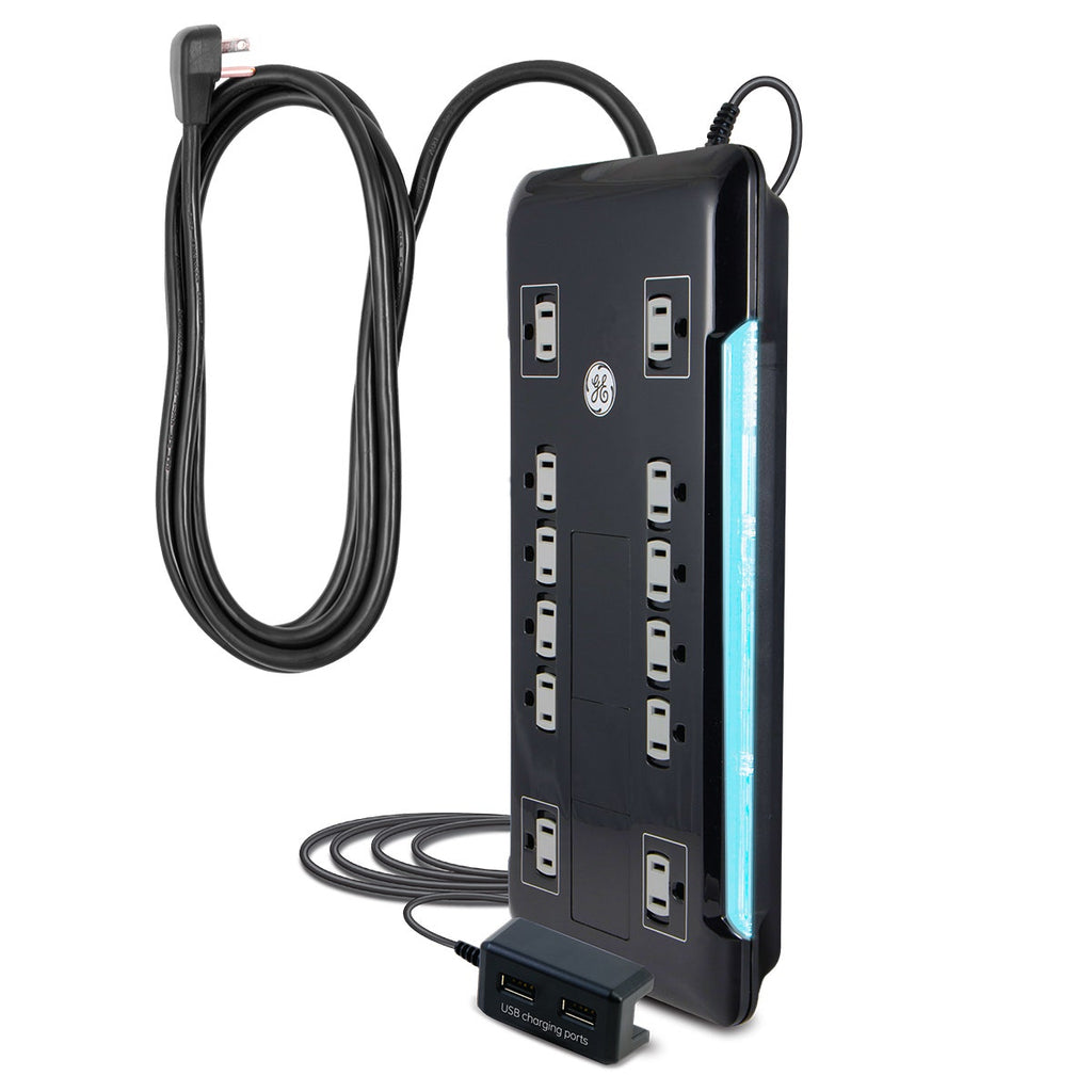 GE 12-Outlet 8ft. Surge Protector with 2-USB Tether, Black