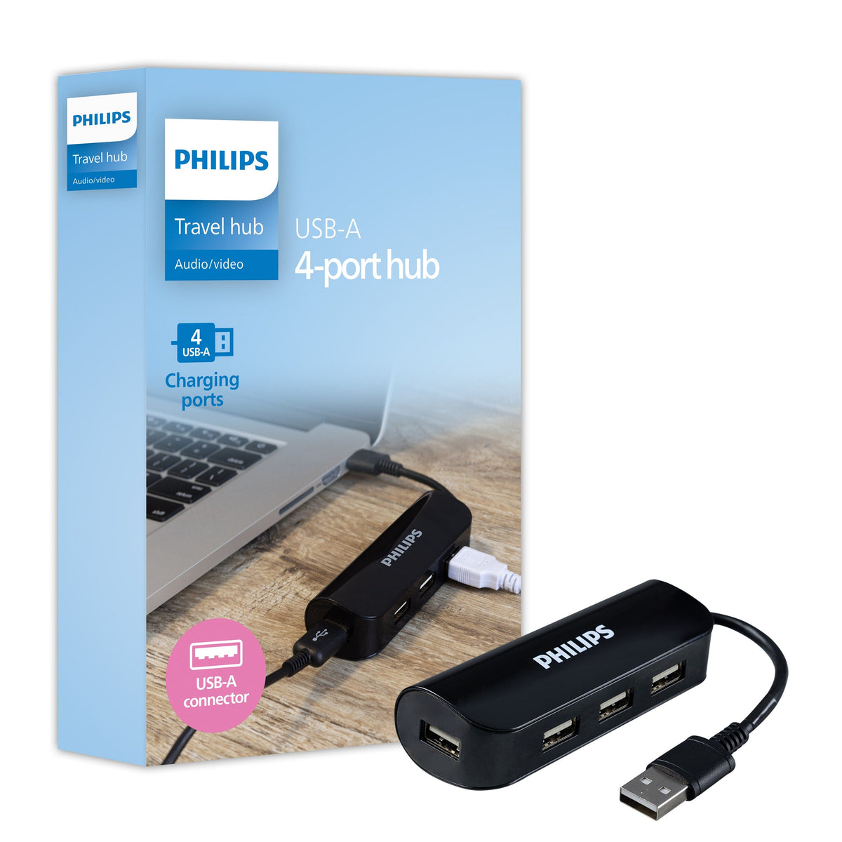 Philips USB-A 4-Port Travel Hub, Black