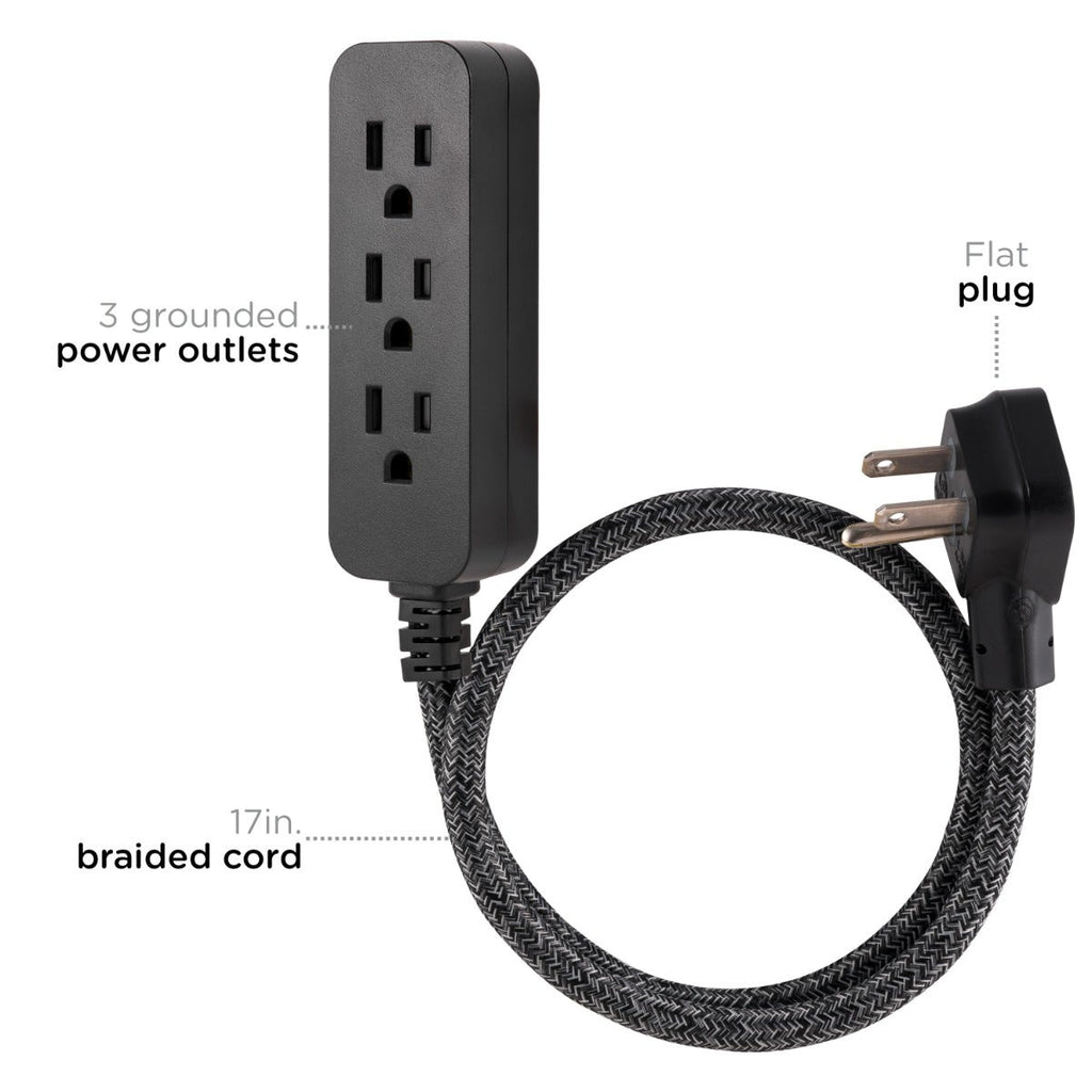 Cordinate 3-Outlet 2ft. Braided Extension Cord with Flat Plug, Black/Gray