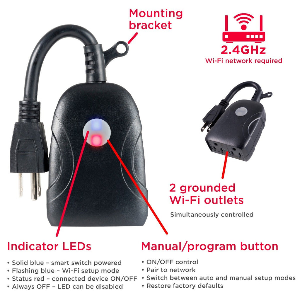 UltraPro Outdoor Plug-In 2-Outlet WiFi Smart Switch, Black