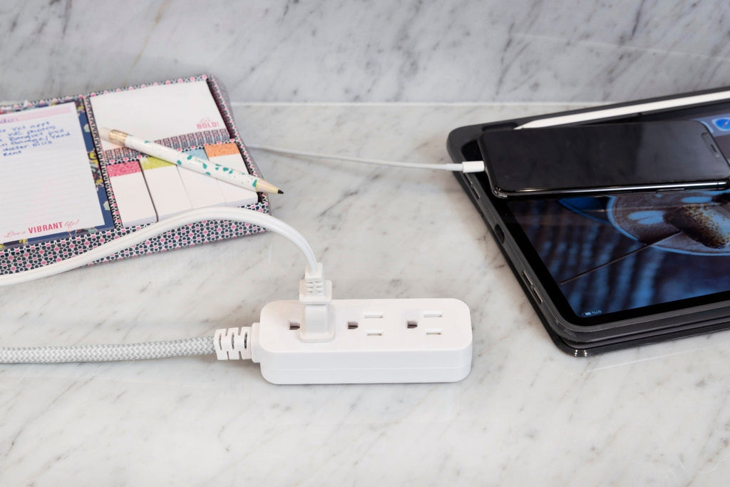 Cordinate 3-Outlet 2ft. Braided Extension Cord with Flat Plug, White/Gray