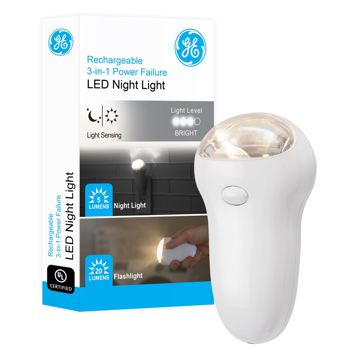 GE 3-in-1 Rechargeable Power Failure LED Night Light, White